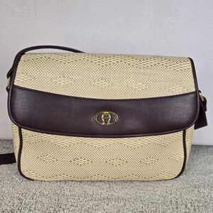 Vtg Etienne Aigner Woven Straw Faux Leather Crossbody Bag Purse Brown Cream 10x9